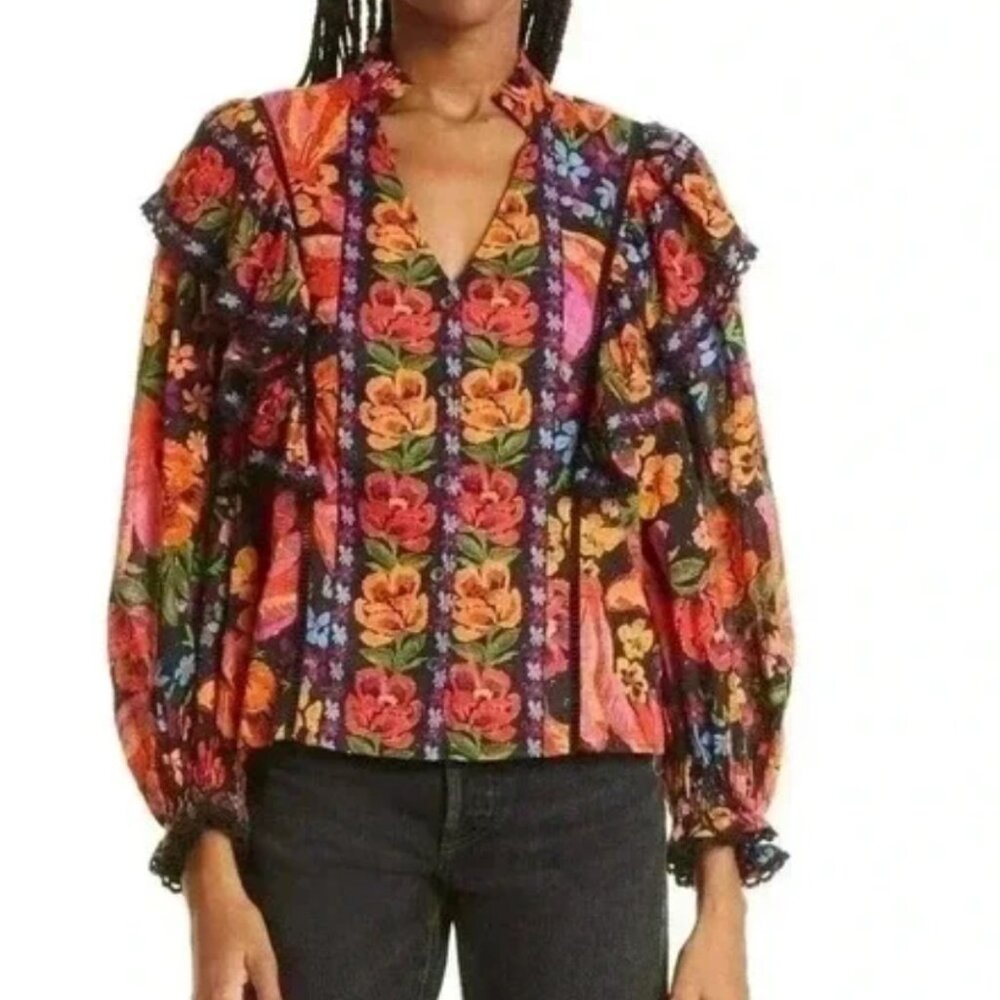 Farm Rio Long Sleeve Floral Tropical Ruffled V-Neck Top Black Bananas Button M